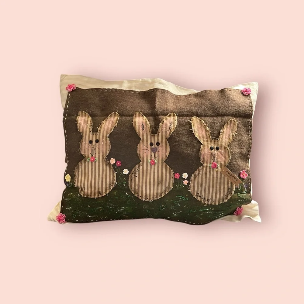 Handpainted and handmade.Green and Brown Rustic Holiday Pillow with Bunny Design